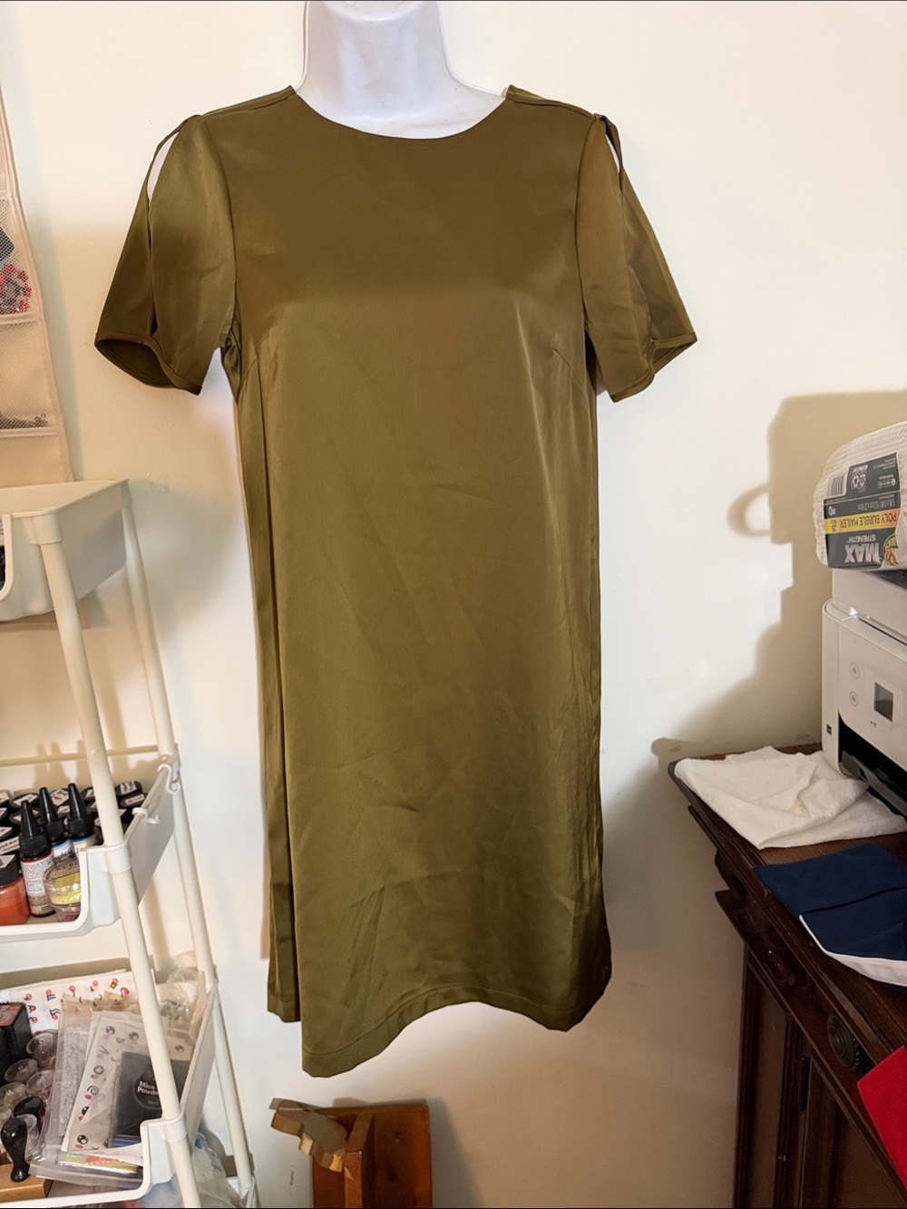 H&M Olive Satin Short-Sleeve Shift Dress